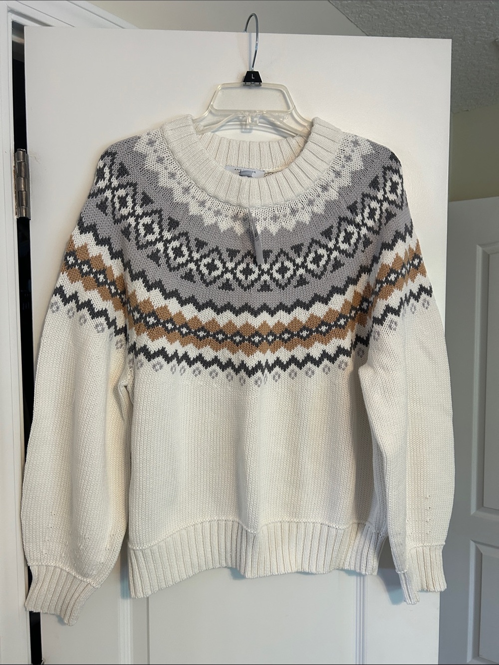 Ann Taylor Ivory, Gray & Camel Fair Isle Knit Sweater